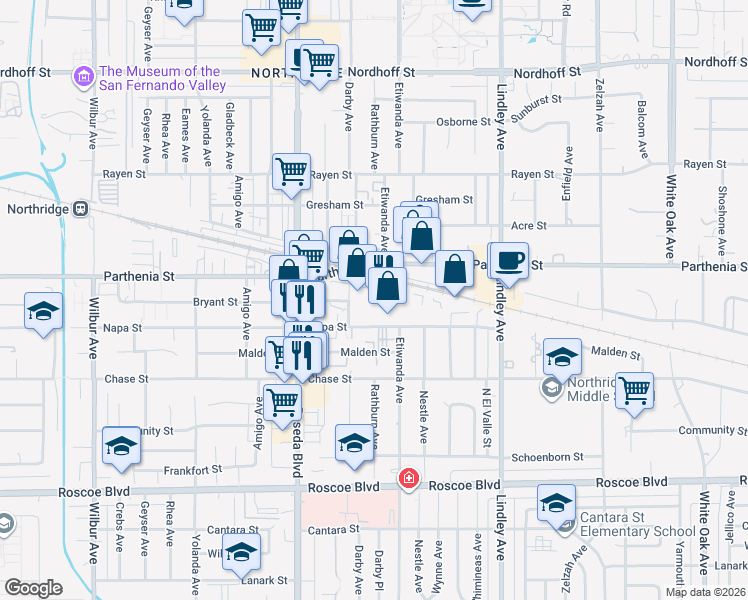map of restaurants, bars, coffee shops, grocery stores, and more near 18333 Napa Street in Los Angeles