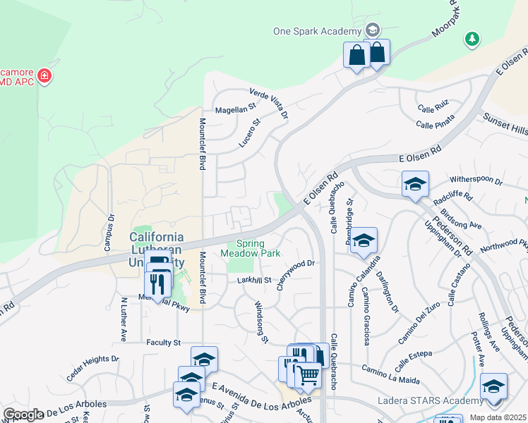map of restaurants, bars, coffee shops, grocery stores, and more near 3575 North Moorpark Road in Thousand Oaks