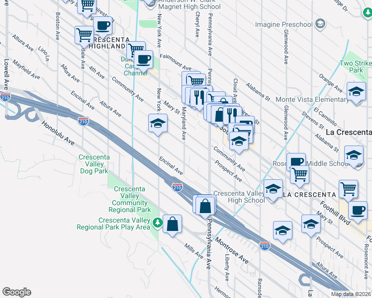 map of restaurants, bars, coffee shops, grocery stores, and more near 3254 Prospect Avenue in Glendale