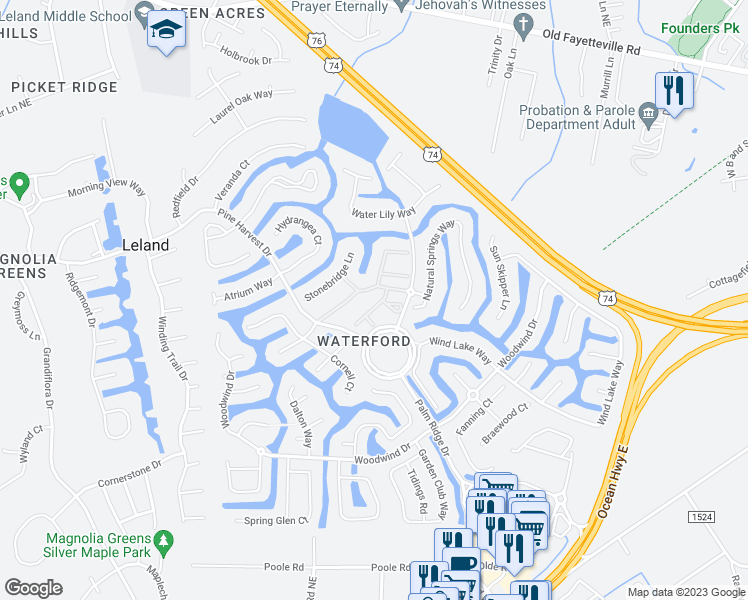 map of restaurants, bars, coffee shops, grocery stores, and more near 1008 Storm Petrel Court in Leland