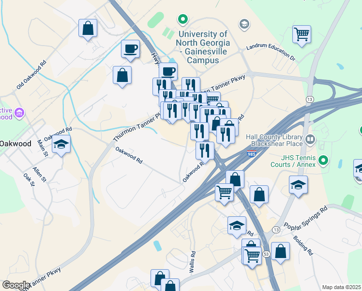 map of restaurants, bars, coffee shops, grocery stores, and more near 312 Lanier Mill Circle in Oakwood