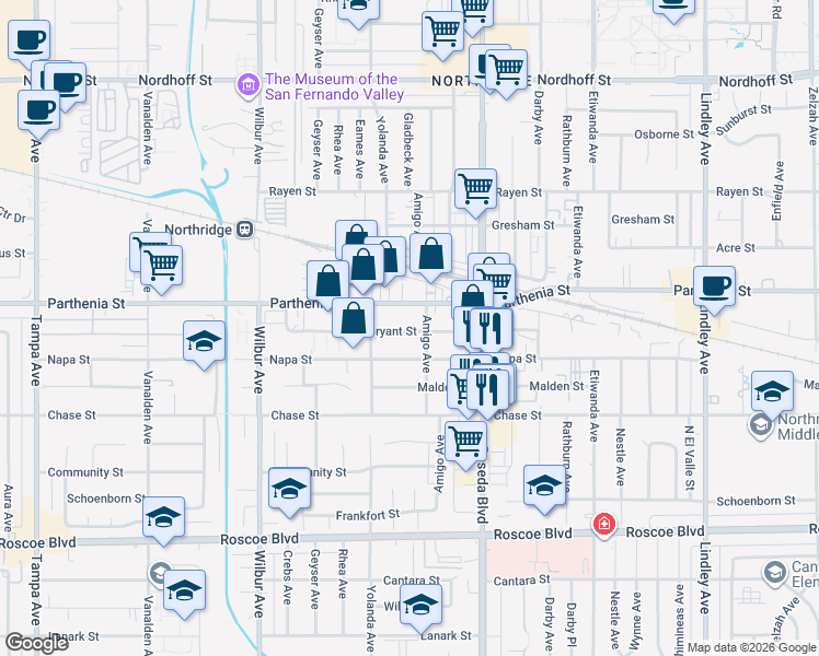 map of restaurants, bars, coffee shops, grocery stores, and more near 18620 Bryant Street in Los Angeles