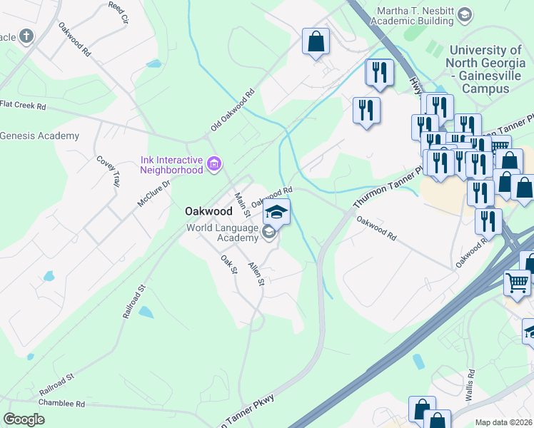 map of restaurants, bars, coffee shops, grocery stores, and more near 4210 Oakwood Road in Oakwood