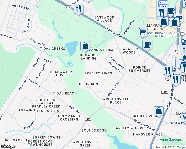 map of restaurants, bars, coffee shops, grocery stores, and more near 139 Bradley Pines Drive in Wilmington