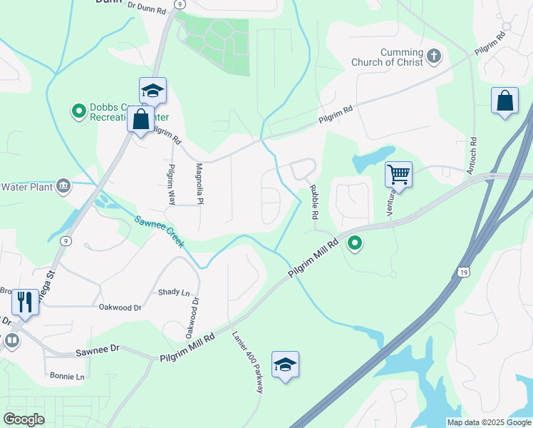 map of restaurants, bars, coffee shops, grocery stores, and more near 1517 Brookmere Way in Cumming