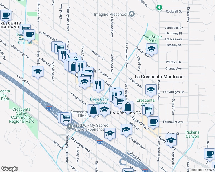 map of restaurants, bars, coffee shops, grocery stores, and more near 2914 Fairmount Avenue in La Crescenta-Montrose