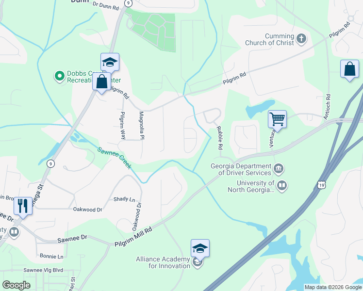 map of restaurants, bars, coffee shops, grocery stores, and more near 1518 Brookmere Way in Cumming