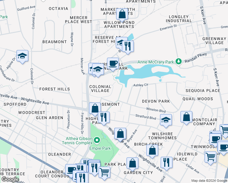 map of restaurants, bars, coffee shops, grocery stores, and more near 3222 Camden Circle in Wilmington