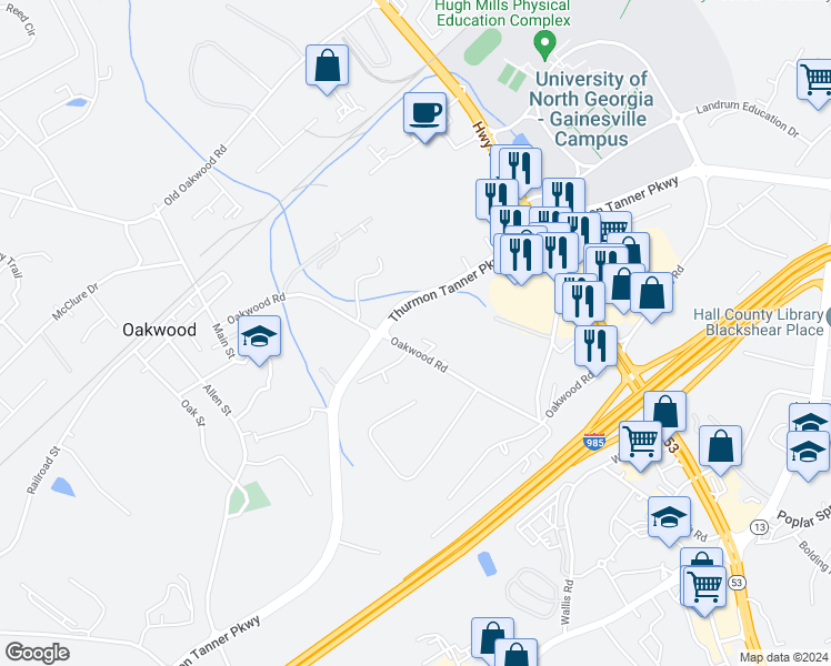 map of restaurants, bars, coffee shops, grocery stores, and more near 4347 Oakwood Road in Oakwood