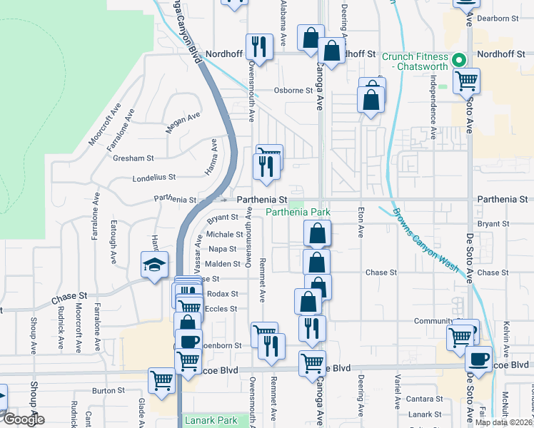 map of restaurants, bars, coffee shops, grocery stores, and more near 8610 Remmet Avenue in Los Angeles