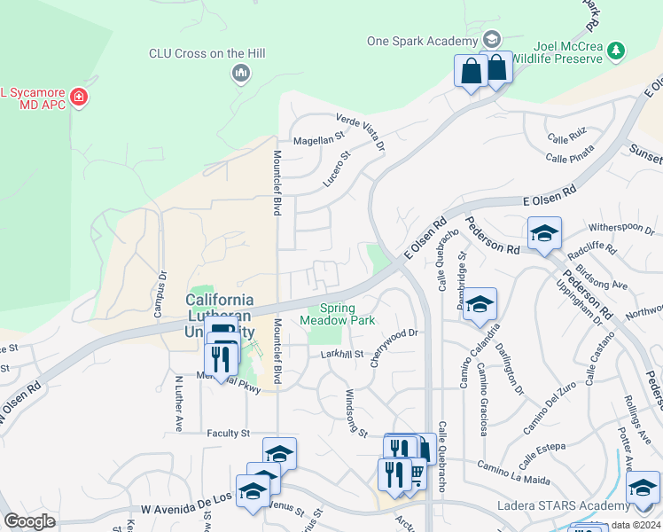map of restaurants, bars, coffee shops, grocery stores, and more near 181 McAfee Court in Thousand Oaks