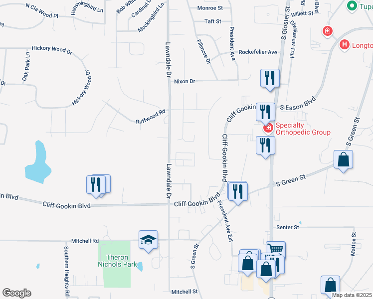map of restaurants, bars, coffee shops, grocery stores, and more near 1278 Winwood Cove in Tupelo
