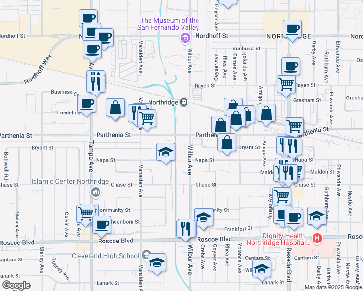 map of restaurants, bars, coffee shops, grocery stores, and more near 8627 Wilbur Avenue in Los Angeles