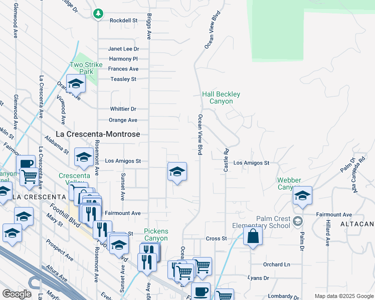 map of restaurants, bars, coffee shops, grocery stores, and more near 2263 Los Amigos Street in La Cañada Flintridge