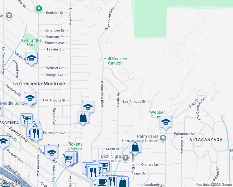 map of restaurants, bars, coffee shops, grocery stores, and more near 2204 San Gorgonio Road in La Cañada Flintridge