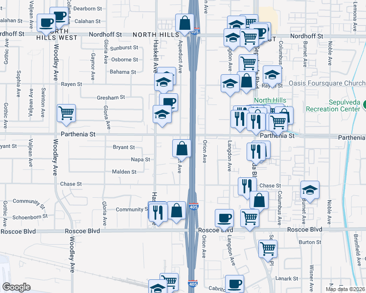 map of restaurants, bars, coffee shops, grocery stores, and more near 8621 Aqueduct Avenue in Los Angeles