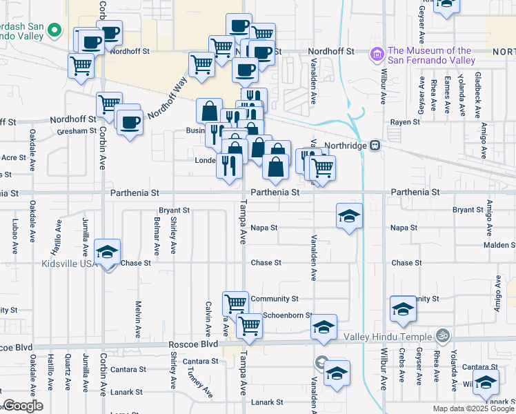 map of restaurants, bars, coffee shops, grocery stores, and more near 19224 Bryant Street in Los Angeles