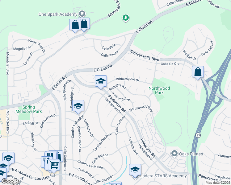 map of restaurants, bars, coffee shops, grocery stores, and more near 3472 Birdsong Avenue in Thousand Oaks