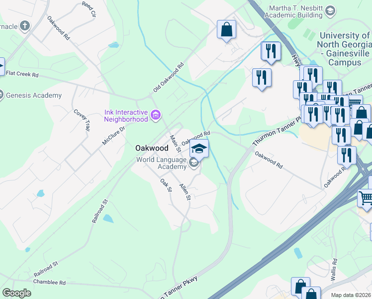 map of restaurants, bars, coffee shops, grocery stores, and more near 4210 Oakwood Road in Oakwood