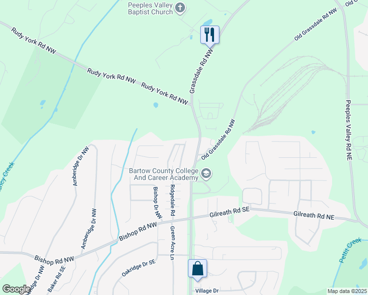 map of restaurants, bars, coffee shops, grocery stores, and more near 749 Grassdale Road Northwest in Cartersville