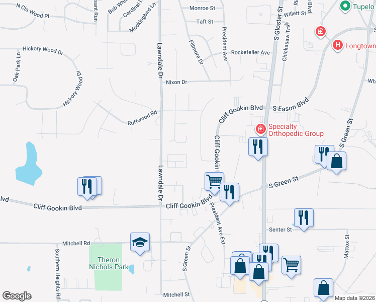 map of restaurants, bars, coffee shops, grocery stores, and more near 1235-1298 Winwood Cove in Tupelo
