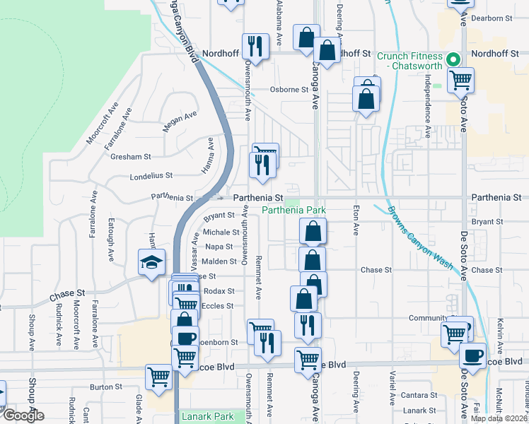 map of restaurants, bars, coffee shops, grocery stores, and more near 8610 Remmet Avenue in Los Angeles