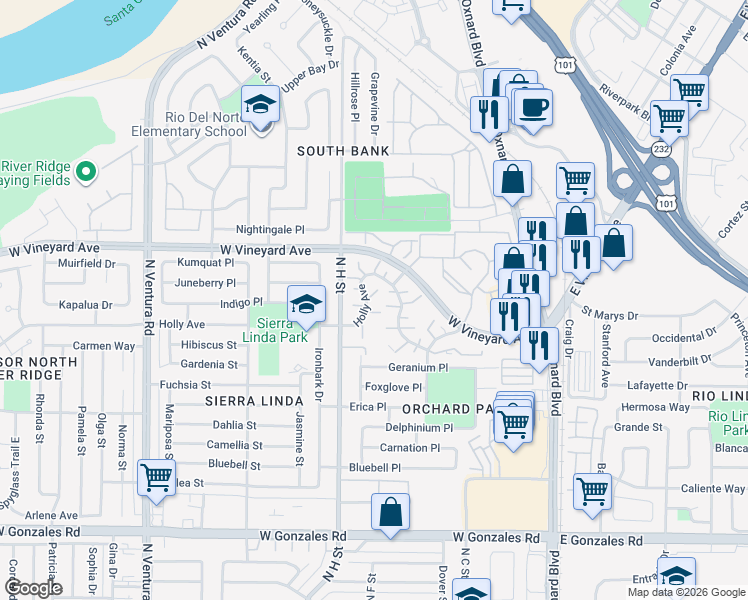 map of restaurants, bars, coffee shops, grocery stores, and more near 640 Holly Avenue in Oxnard