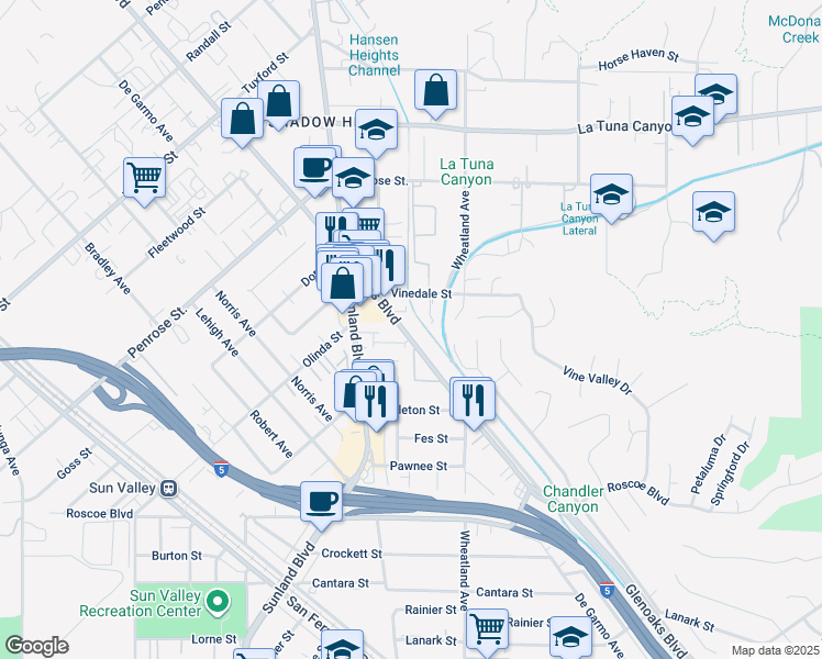 map of restaurants, bars, coffee shops, grocery stores, and more near 8700 Glenoaks Boulevard in Los Angeles