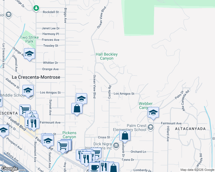 map of restaurants, bars, coffee shops, grocery stores, and more near 2204 San Gorgonio Road in La Cañada Flintridge