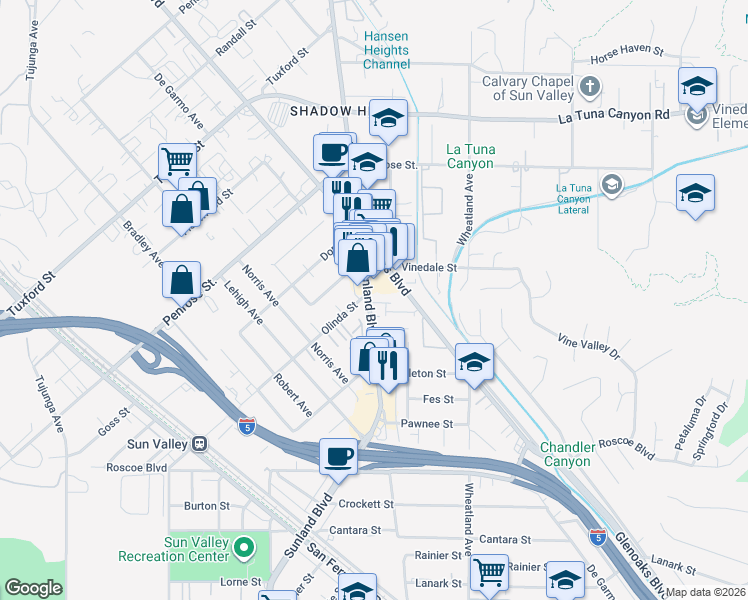 map of restaurants, bars, coffee shops, grocery stores, and more near 8649 Sunland Boulevard in Los Angeles