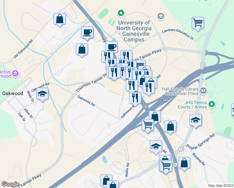 map of restaurants, bars, coffee shops, grocery stores, and more near 503 Lanier Mill Circle in Oakwood