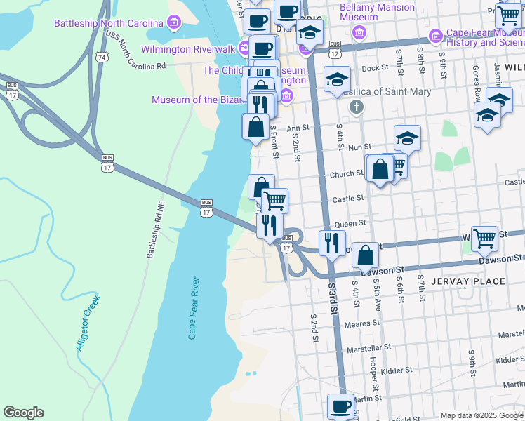 map of restaurants, bars, coffee shops, grocery stores, and more near 2 Castle Street in Wilmington