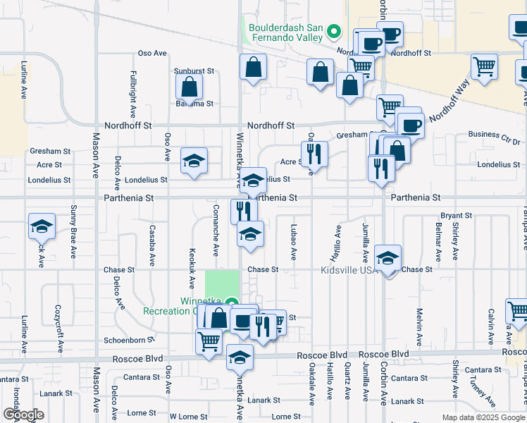 map of restaurants, bars, coffee shops, grocery stores, and more near 20020 Parthenia Street in Los Angeles