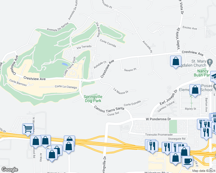 map of restaurants, bars, coffee shops, grocery stores, and more near 707 Via Zamora in Camarillo