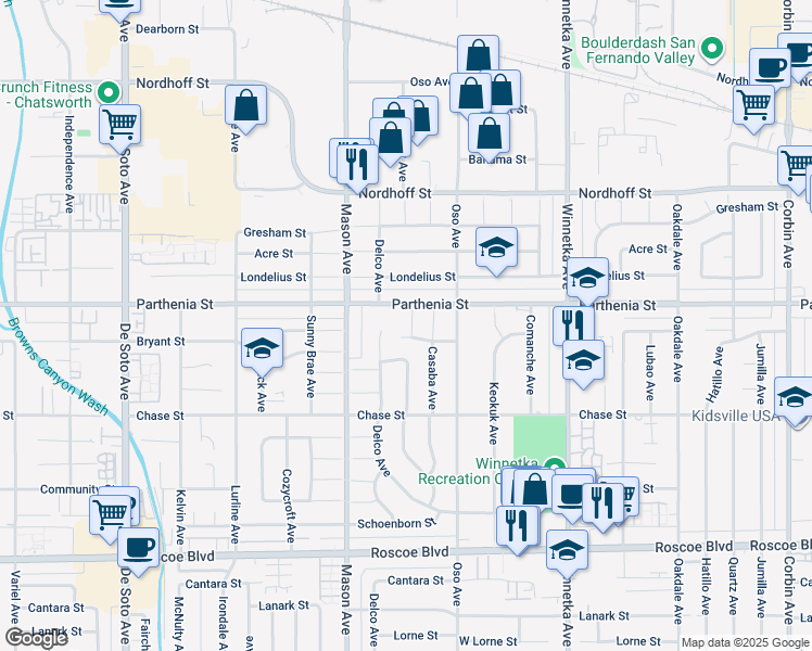 map of restaurants, bars, coffee shops, grocery stores, and more near 8620 Delco Avenue in Los Angeles
