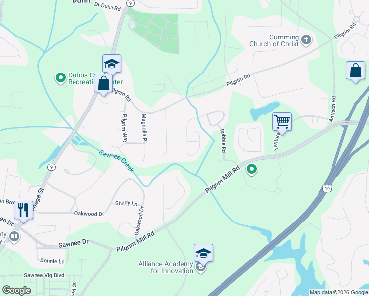 map of restaurants, bars, coffee shops, grocery stores, and more near 1525 Brookmere Way in Cumming