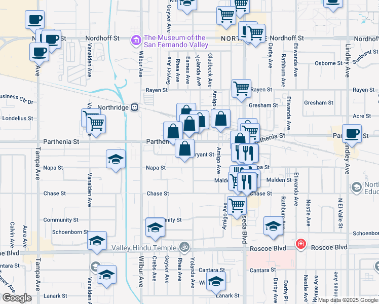 map of restaurants, bars, coffee shops, grocery stores, and more near 8619 Yolanda Avenue in Los Angeles