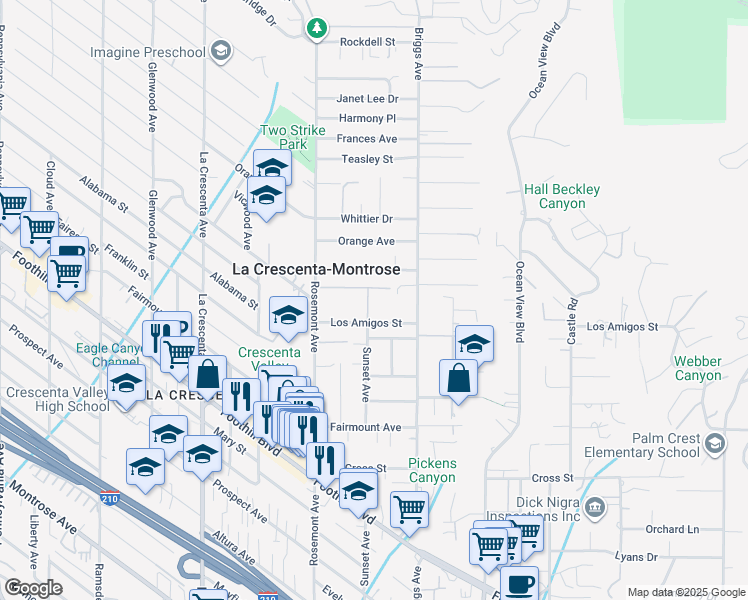 map of restaurants, bars, coffee shops, grocery stores, and more near 4874 Sunset Avenue in La Crescenta-Montrose