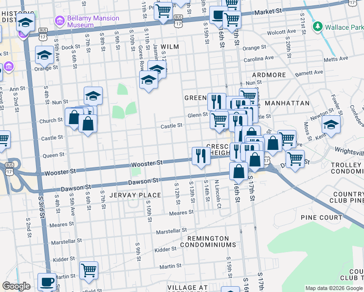 map of restaurants, bars, coffee shops, grocery stores, and more near 735 South 12th Street in Wilmington