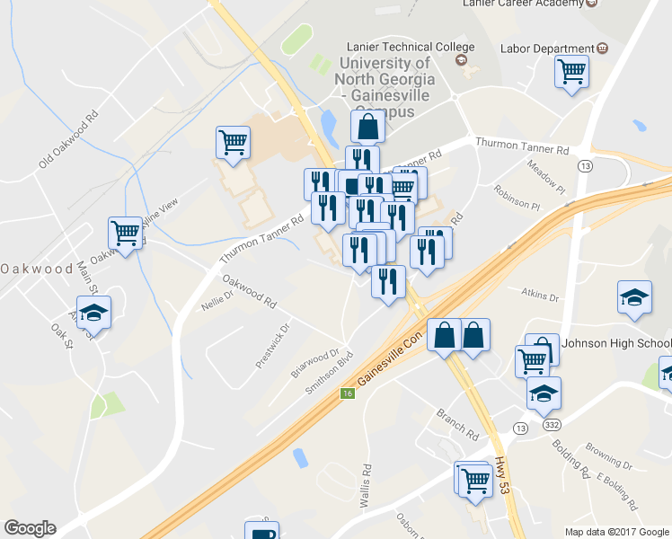 map of restaurants, bars, coffee shops, grocery stores, and more near 508 Lanier Mill Circle in Oakwood
