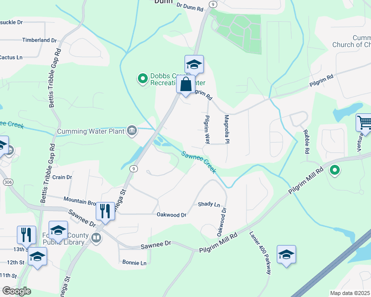 map of restaurants, bars, coffee shops, grocery stores, and more near 1845 Dobbs Creek Court in Cumming