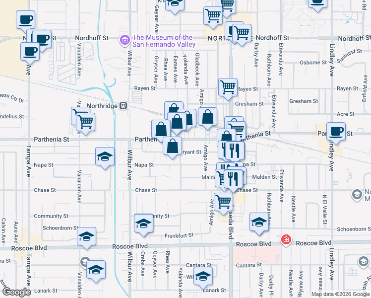 map of restaurants, bars, coffee shops, grocery stores, and more near 8619 Yolanda Avenue in Los Angeles
