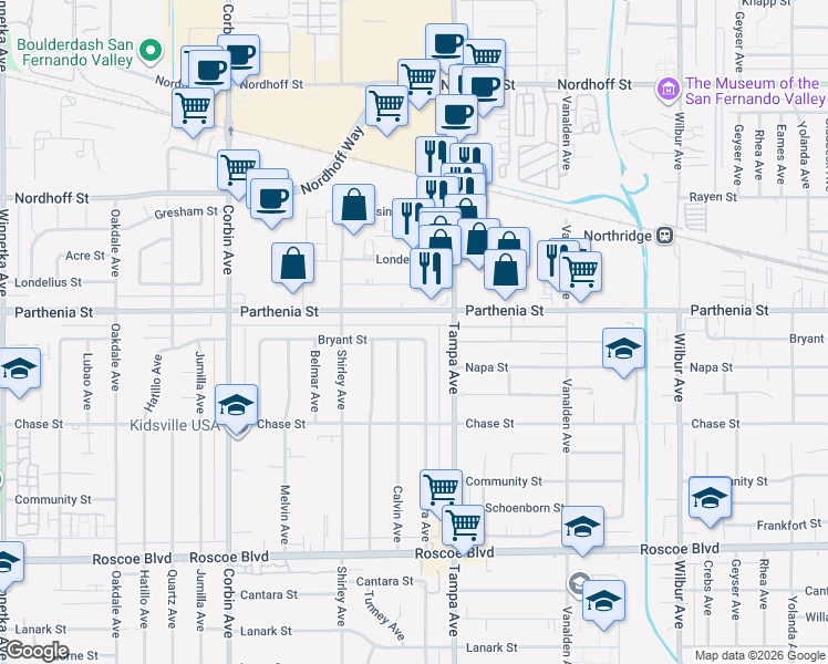 map of restaurants, bars, coffee shops, grocery stores, and more near 19341 Bryant Street in Los Angeles