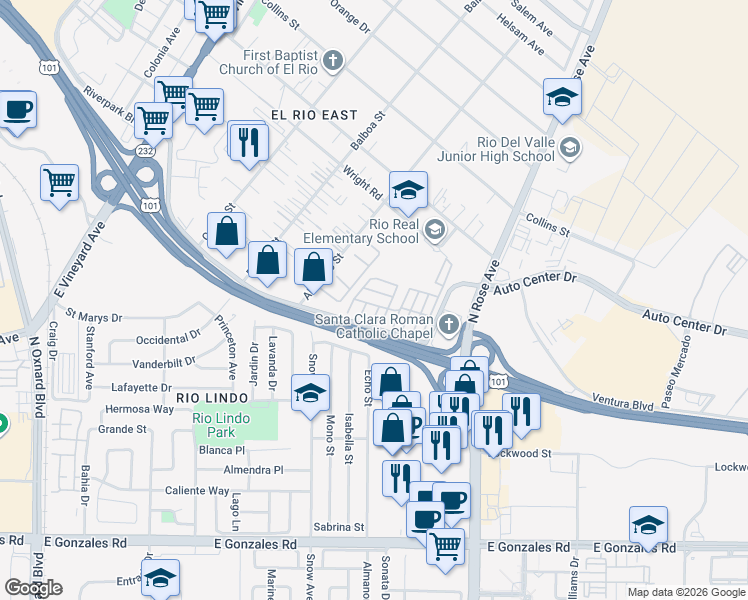 map of restaurants, bars, coffee shops, grocery stores, and more near in Oxnard