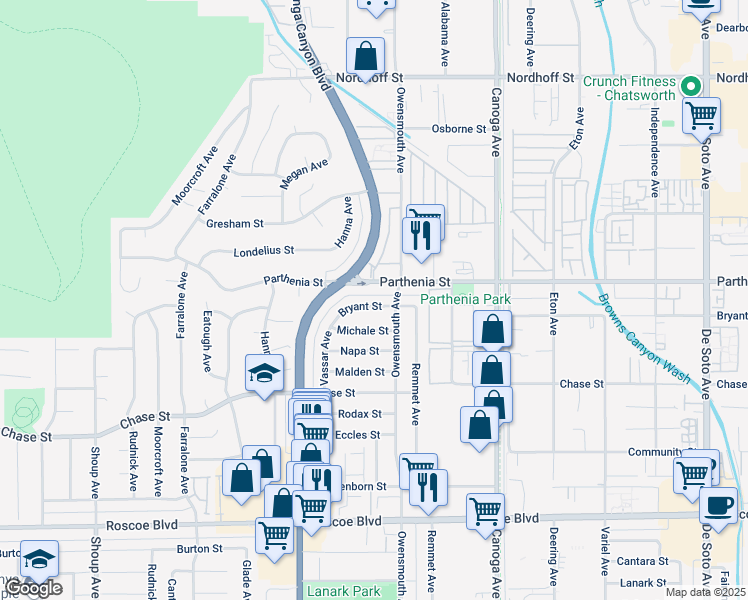 map of restaurants, bars, coffee shops, grocery stores, and more near 21731 Bryant Street in Los Angeles