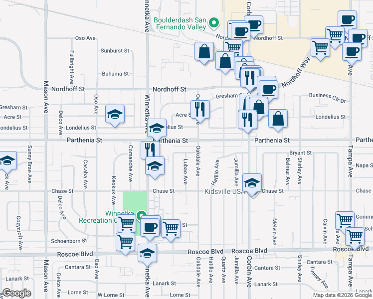 map of restaurants, bars, coffee shops, grocery stores, and more near 8630 Lubao Avenue in Los Angeles
