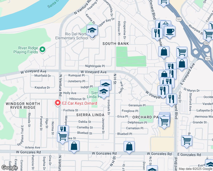 map of restaurants, bars, coffee shops, grocery stores, and more near 911 Indigo Place in Oxnard