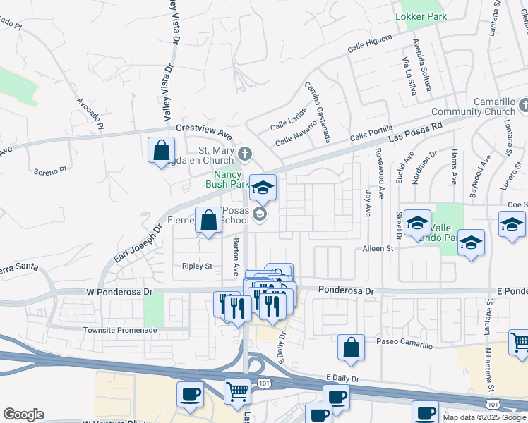 map of restaurants, bars, coffee shops, grocery stores, and more near 75 East Calle La Guerra in Camarillo