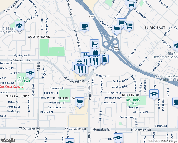 map of restaurants, bars, coffee shops, grocery stores, and more near 2252 Craig Dr in Oxnard