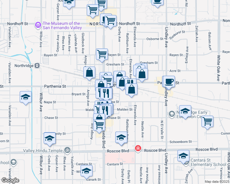 map of restaurants, bars, coffee shops, grocery stores, and more near 18417 Bryant Street in Los Angeles